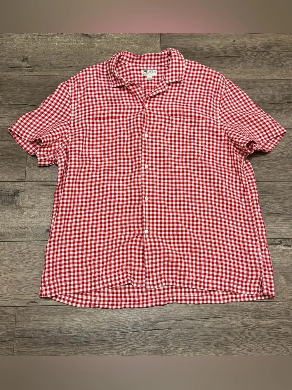 J Crew Men Short-sleeve 100% linen camp-collar shirt in gingham Red White Sz L
